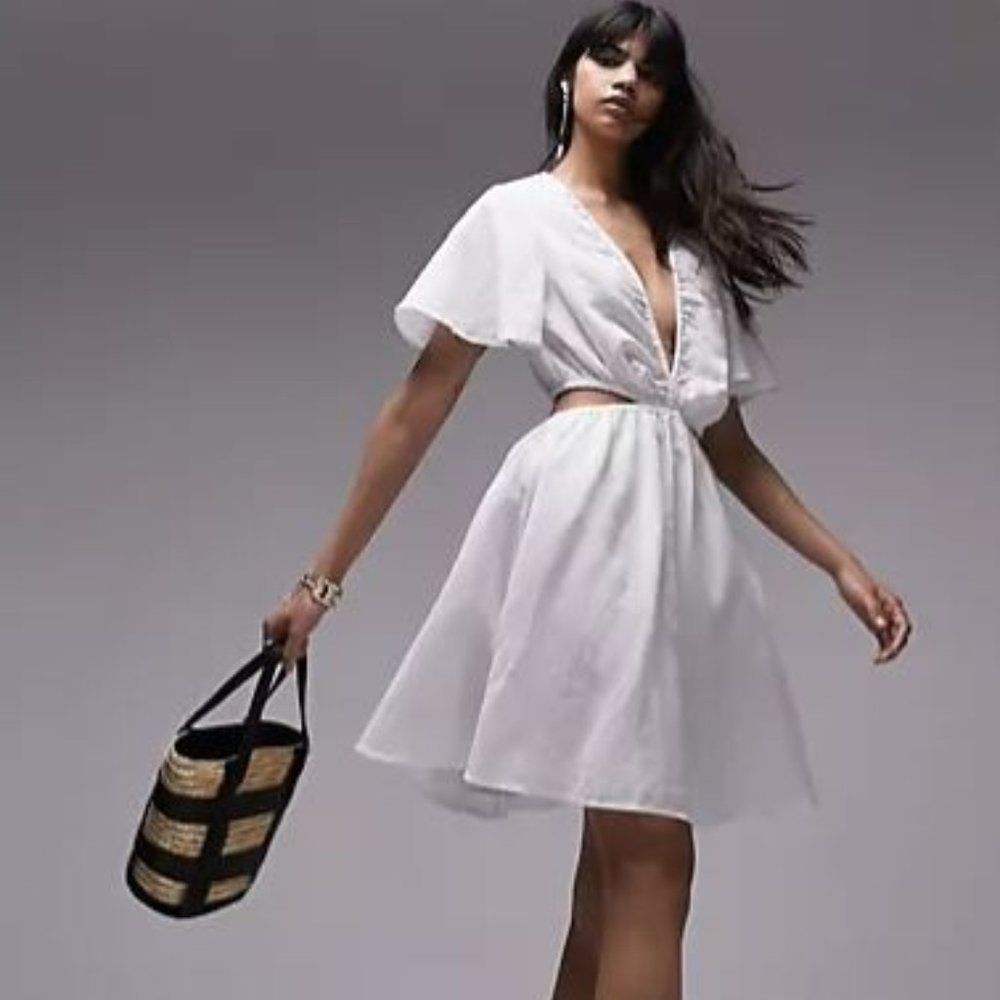 Topshop Cutout Flutter Sleeve Cotton & Linen Minidress